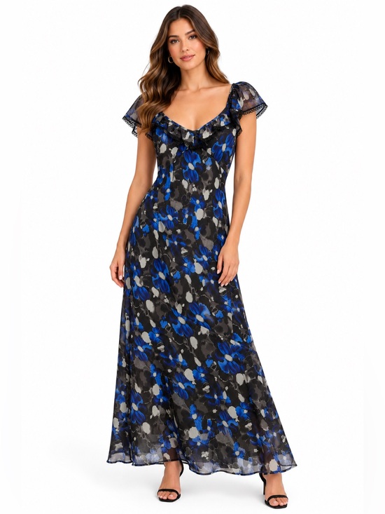 Nasty Gal Dresses & Skirts - NWT Nasty Gal Blue Floral Chiffon Lace Trim Maxi Dress Size 10